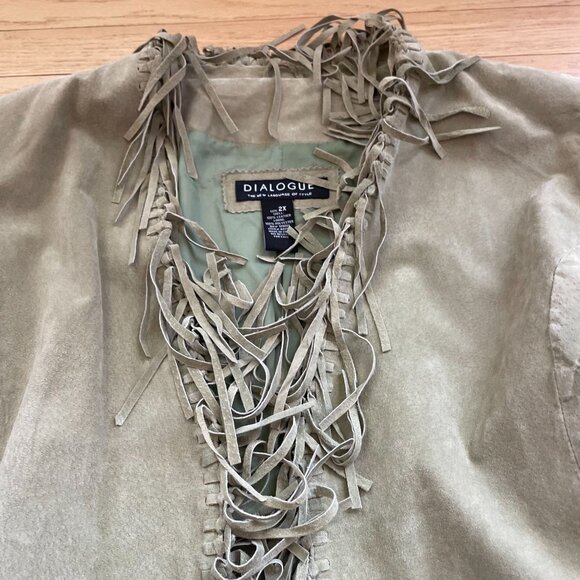 Vintage Dialogue Suede Leather Fringe Open Front Jacket Women's 2X Moss Green - Picture 3 of 8